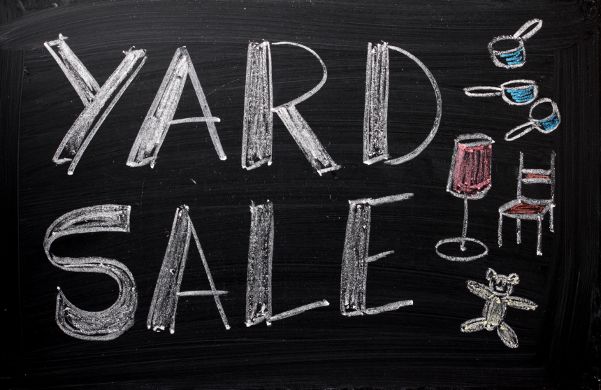 Yard sale words on a blackboard