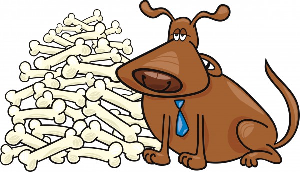 Cartoon illustration of a dog with a pile of bones